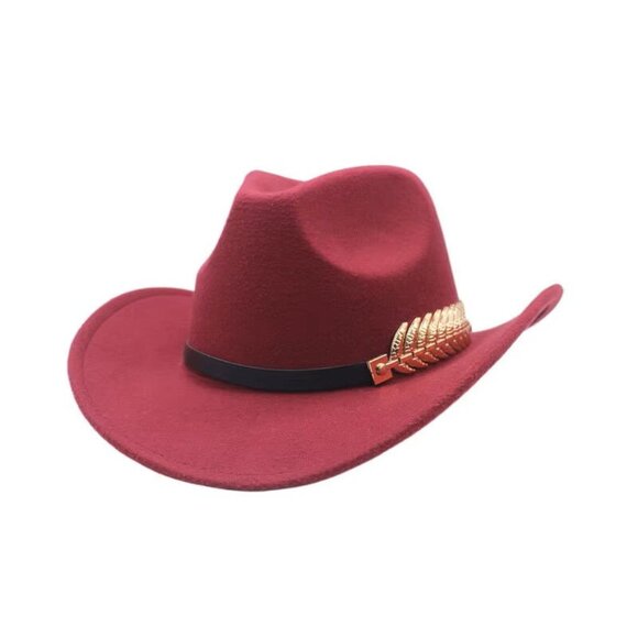 Red, Maroon Western Cowboy Cowgirl Hat Felt Wide Brim Fedora w/ Gold Leaf Accent - Picture 1 of 3